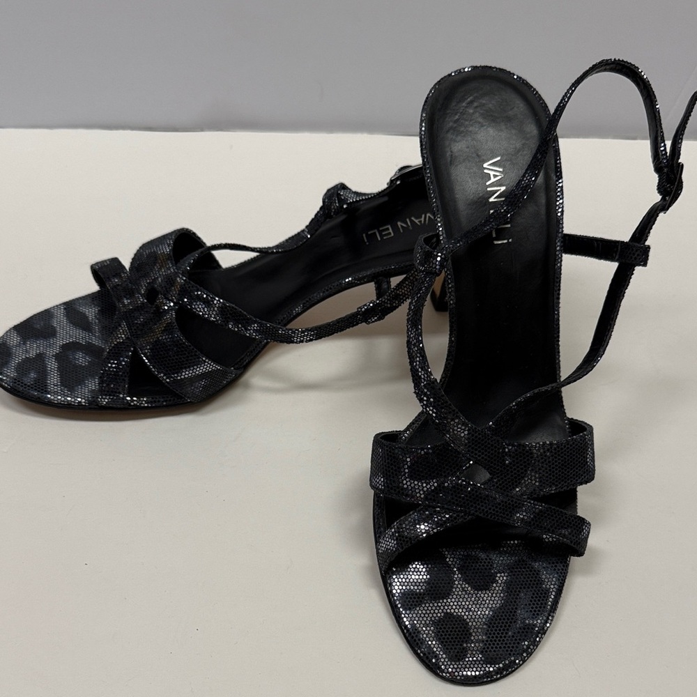 Vaneli Black Leopard-Print Strappy Heels, Size 10